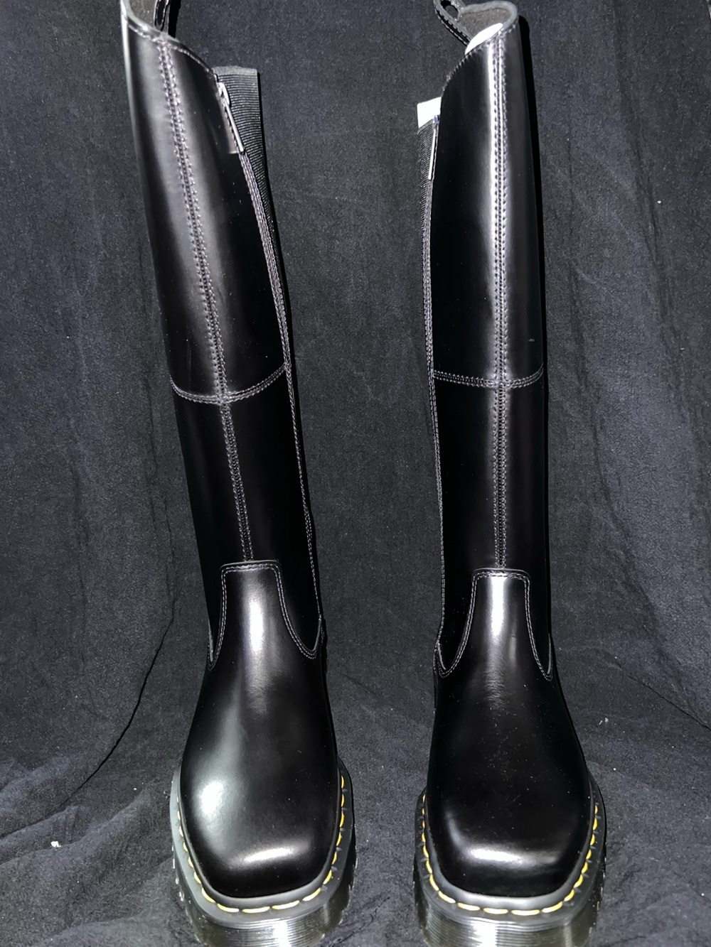 Dr. Martens Tall Black Leather Amaayah Hi Boots with Yellow Stitching